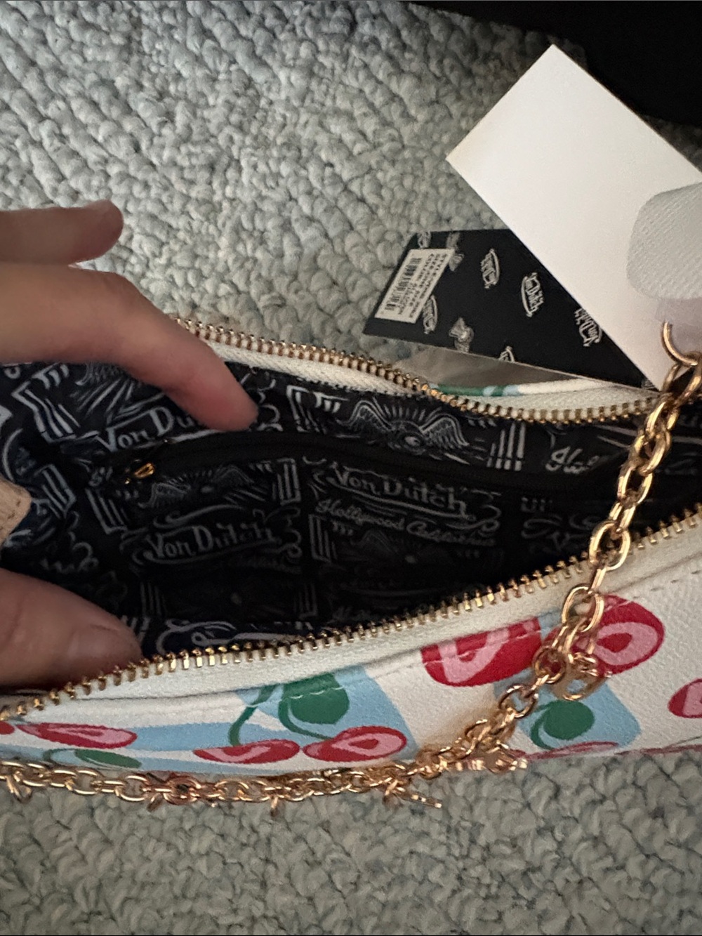 Von Dutch White Mini Shoulder Bag with Pink Cherry Print and Gold Hardware - Picture 9 of 11